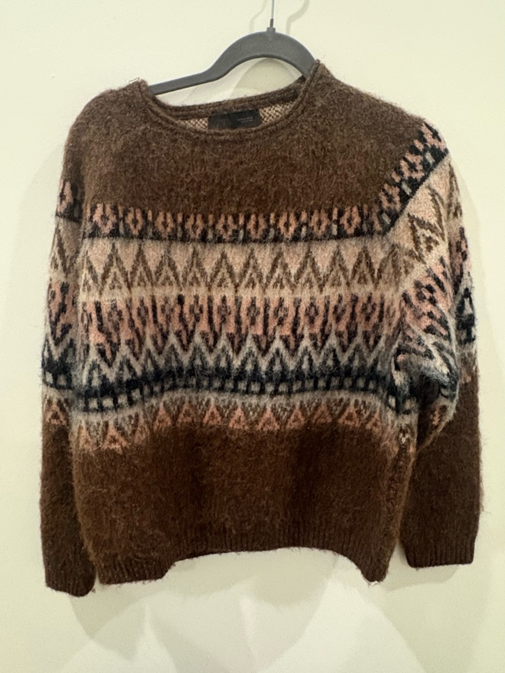 Zara Brown Fuzzy Fair Isle Knit Sweater